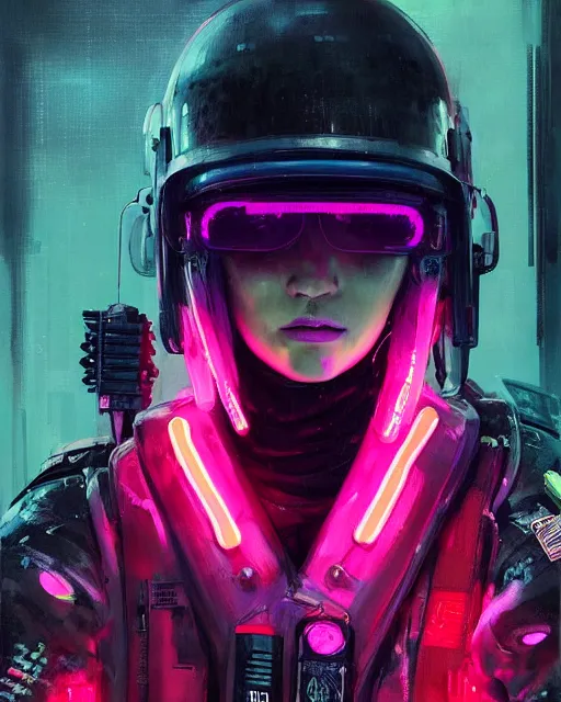 Image similar to detailed full body portrait neon female swat officer, cyberpunk futuristic, neon, reflective puffy coat, decorated with traditional japanese by ismail inceoglu dragan bibin hans thoma greg rutkowski alexandros pyromallis nekro rene margitte, illustrated, perfect face, fine details, realistic shaded, fine - face, pretty face