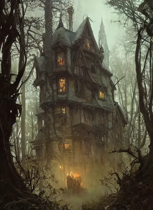 Prompt: haunted house in the middle of the woods, d & d, fantasy, intricate, elegant, highly detailed, digital painting, artstation, concept art, matte, sharp focus, illustration, hearthstone, art by artgerm, art by greg rutkowski, art by alphonse mucha