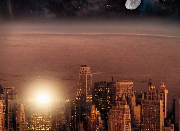 Image similar to film still of the moon breaking into pieces over manhatten in the new disaster movie, 8 k, night time