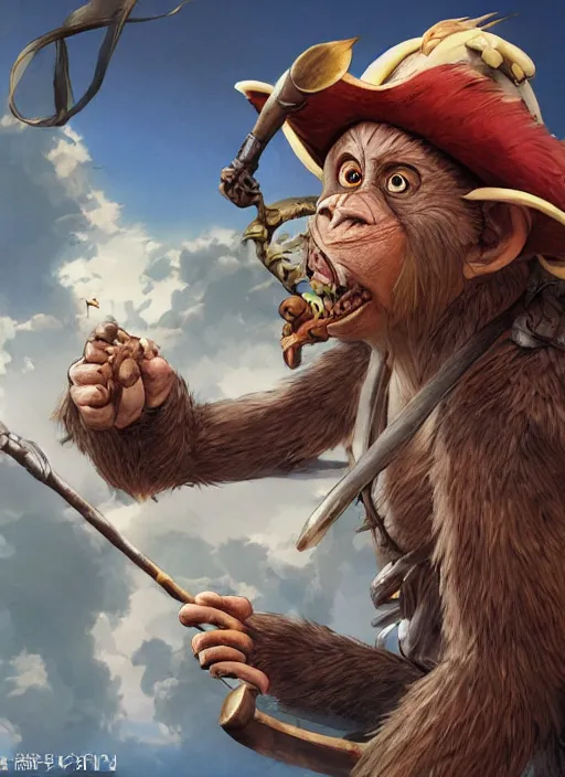 Prompt: studio ghibli pathfinder 2 e bestiary digital illustration of a goblin mixed with a monkey smoking a cigar, pirate themed, character portrait, unreal engine, hyper realism, realistic shading, cinematic composition, realistic render, octane render, detailed textures, studio lighting, photorealistic, wide shot