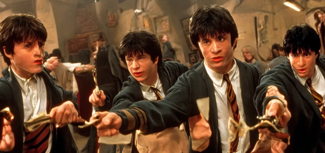 Prompt: photorealistic harry potter in the pulp fiction movie with john travolta and samuel L jackson 4k