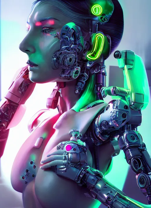 Image similar to photorealistic detailed full body picture of a female cyborg, pretty face with arms and legs, glamour pose, neon lights, humanoid, extreme, uhdr, book called the most influental cyborg in 2 0 5 0, fine details, highly detailed, intricate, smooth sharp focus, symmetrical features, environmental portrait