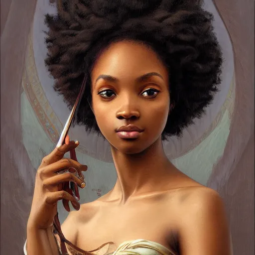 Prompt: portrait of a sexy afro musician girl, intricate, elegant, highly detailed, digital painting, artstation, concept art, smooth, sharp focus, illustration, art by artgerm and greg rutkowski and alphonse mucha and william - adolphe bouguereau