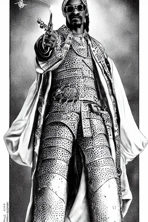 Prompt: Snoop Dogg as a knight, highly detailed, anatomically correct, black and white, manga, art by Kentaro Miura