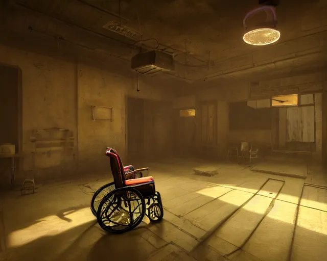 Prompt: artstation scifi scene of an old chinese ward, a bouquet of light on the ground business card, one ceiling fan, 2 wheelchair, crutches, 4 beds, dust, paneled walls, unreal engine 5, hyper realism, realistic shading, cinematic composition, blender render, octane render, hdr, detailed textures, photorealistic, wide shot