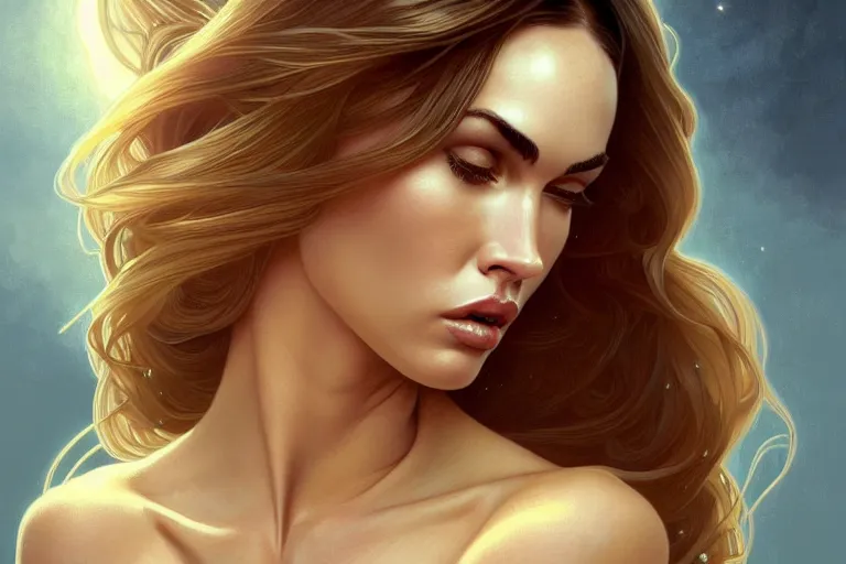 Prompt: portrait of megan fox as an blonde angel, wings, intricate, headshot, highly detailed, digital painting, artstation, concept art, sharp focus, cinematic lighting, illustration, art by artgerm and greg rutkowski, alphonse mucha, cgsociety