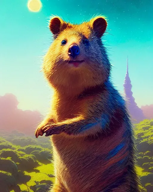 Image similar to highly detailed surreal vfx portrait of a joyful quokka, stephen bliss, unreal engine, greg rutkowski, loish, rhads, beeple, makoto shinkai and lois van baarle, ilya kuvshinov, rossdraws, tom bagshaw, alphonse mucha, global illumination, detailed and intricate environment