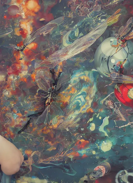 Prompt: surreal gouache painting, by yoshitaka amano, by ruan jia, by Conrad roset, by good smile company, detailed anime 3d render of a magical round flying Vinyl Discos , DJ Mixer, deck surrounded by Dragonfly,flying discos , controller, portrait, cgsociety, artstation, rococo mechanical and Digital and electronic, dieselpunk atmosphere