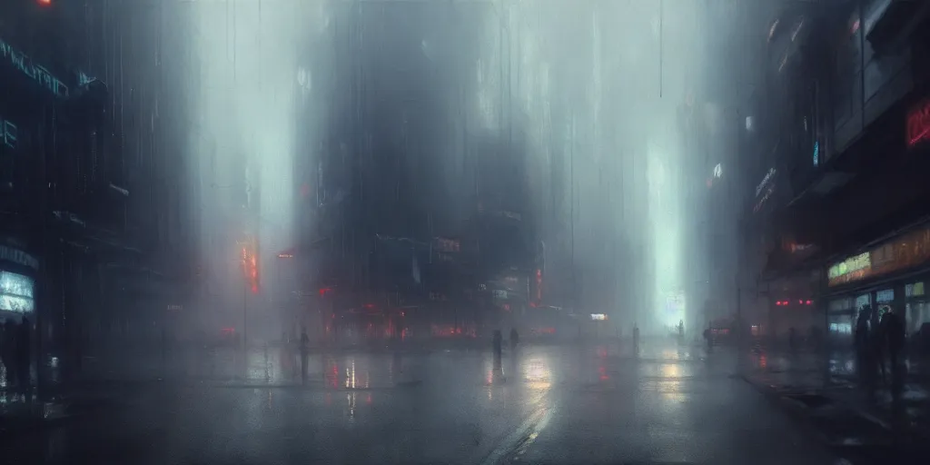 Prompt: beautiful painting by jeremy mann, cyberpunk street, still from blade runner movie, desaturated, oil painting, perfect composition, detailed octane render trending on artstation, misty, volumetric fog, ominous, unsettling, 8 k artistic photography, volumetric cinematic perfect light