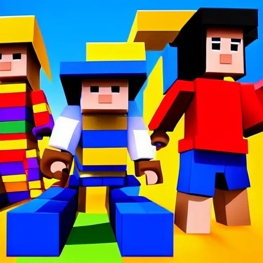 Prompt: block figures looking like roblox figures who are playing with a computer in a block world, having fun in the sun, bright and fun colors