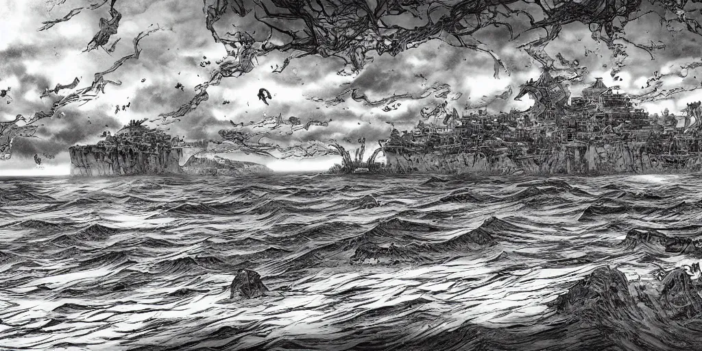 Image similar to illustration of the shore on a beautiful morning, monochrome, manga style, by Kentaro Miura, sharp, dramatic lighting