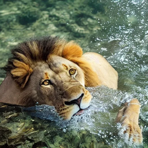 Prompt: photo of lion swimming in river, underwater,