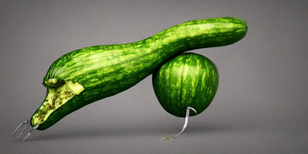 Image similar to detailed 3 d render of a masked zucchini character with arms and legs throwing knives after a frightened tomato burglar, hyper realistic octane render, cinematic lighting, deviantart, frame from independent movie