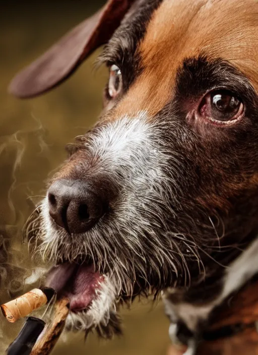 Prompt: closeup portrait of a hunting terrier smoking a cigare, depth of field, zeiss lens, detailed, centered, by Annie Leibovitz and Steve McCurry, David Lazar, Jimmy Nelsson, Breathtaking, 8k resolution, extremely detailed, beautiful, establishing shot, artistic, hyperrealistic, beautiful face, octane render