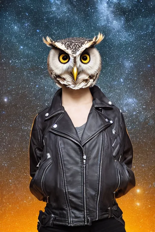 Prompt: front of owl wearing biker jacket, portrait photo, full body, backlit, studio photo, golden ratio, starry background