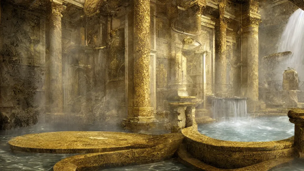 Prompt: roman bath, marblefloor with gold pattern, golden snakes, mossy pillar, ruin, godrays, fog, waterfall, cgsociety,