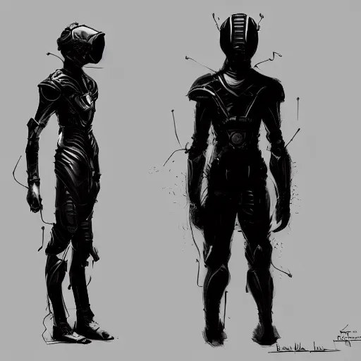 Image similar to concept art, stylized silhouette, super exaggerated proportions, concept design, sketch, male, science fiction suit, helmet, arthur rackham, trending on artstation