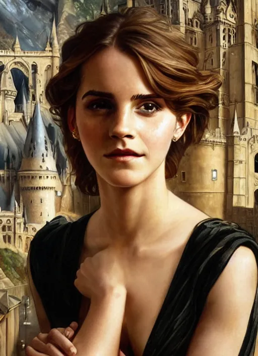 Prompt: oil painting of emma watson giving seductive look. hogwarts in background beautiful detailed face. by artgerm and greg rutkowski and alphonse mucha