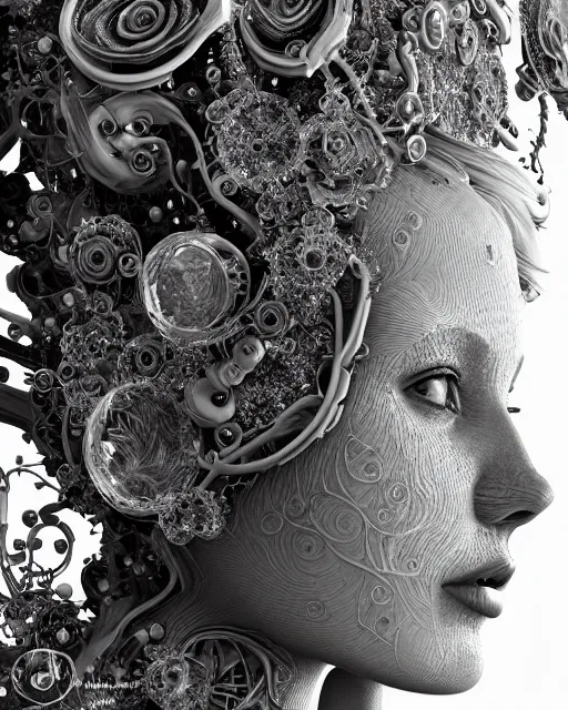 Image similar to mythical dreamy black and white organic bio - mechanical spinal ribbed profile face portrait detail of translucent steampunk beautiful female angelic - human - queen - vegetal - cyborg, highly detailed, intricate crystal ivy jelly ornate, poetic, translucent roses ornate, 3 d render, digital art, octane render, 8 k artistic photography, photo - realistic, by dora maar