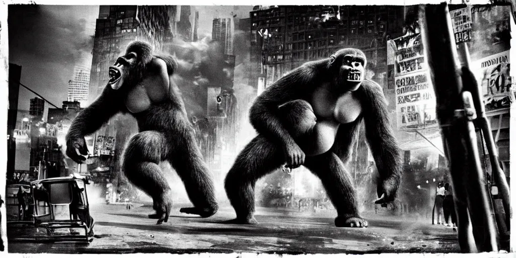 Prompt: An king Kong rage on street, Hollywood scene , cinematic