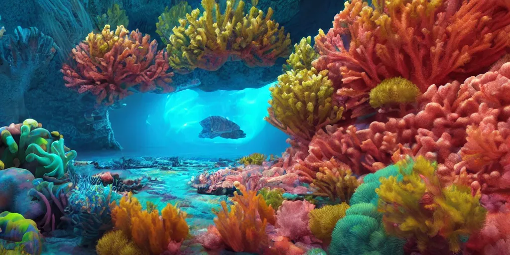 Image similar to majestic neon glowing coral reef, masterpiece painting by fabian jimenez and Jonathan solter, hyper realism, octane render