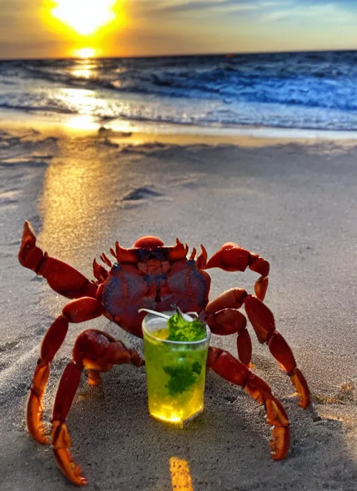 Image similar to photo of a crab drinking a mojito at the beach, golden hour, Breathtaking, 8k resolution, extremely detailed, beautiful, establishing shot, artistic