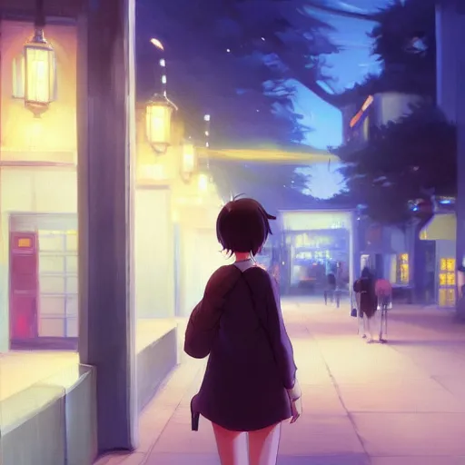 Image similar to a girl smoking, beautiful face, street at night, long hairfine art painting by makoto shinkai, featured on pixiv, hd