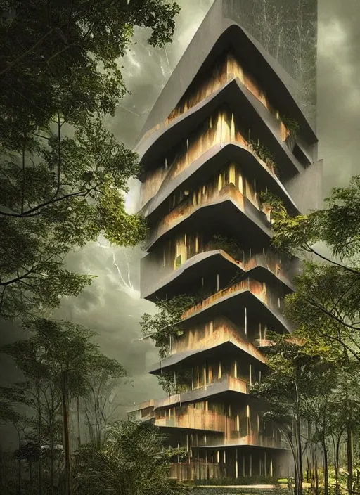 Prompt: “thunderstorm Amazon forest architecture building , the building is in a rainy forest , luxury architecture, architecture digest, building surrounded by dark clouds , mellow tones, fluorescent lighting,volumetric Lighting, photorealism, high detail, golden ratio, cinematic, octane renderer”