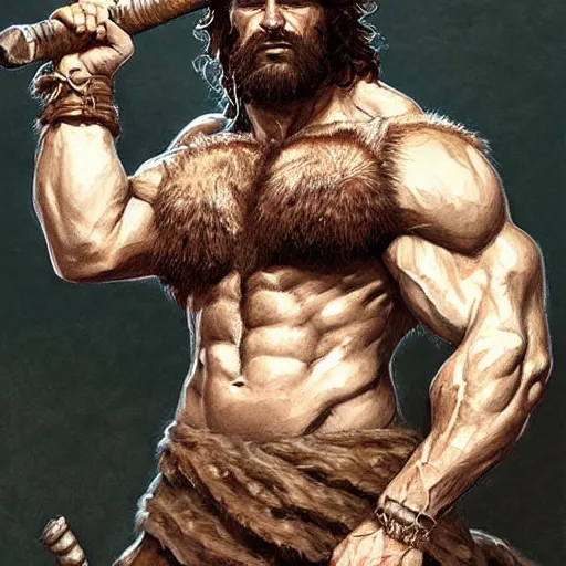 Prompt: portrait of a young rugged male barbarian, handsome, upper body, hairy torso!!!, D&D, muscular, fantasy, intricate, elegant, highly detailed, digital painting, artstation, concept art, smooth, sharp focus, illustration, art by artgerm and greg rutkowski and alphonse mucha