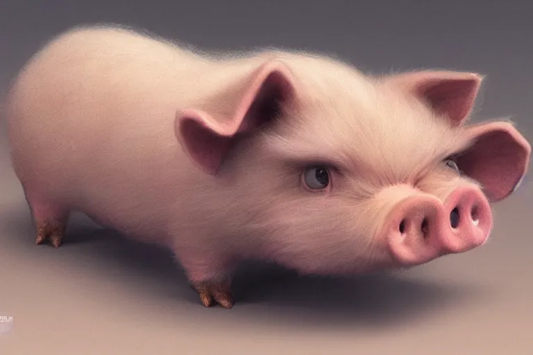 Image similar to cute fluffy pig by jean - baptiste monge, high quality, high resolution, 4 k, painted by cgsociety, rutkowski, gurney with ambient lighting, concept art, detailed, smooth, dynamic volumetric cinematic lighting, octane, raytrace