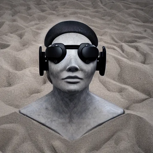 Image similar to the head of a marble cybernetic lady justice statue wearing a virtual reality headset on ground covered in sand, cyberpunk background, highly detailed, epic lighting, hyper photorealism, 8 k