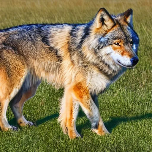 Prompt: professional full - body side profile photograph of a slightly fluffy light tan tibetan wolf with brown accents, hd, 8 k, highly detailed, high quality, cute