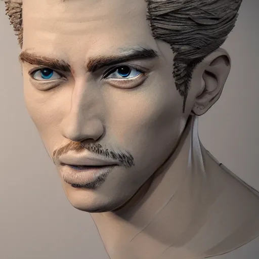 Prompt: the portrait of a gorgeous handsome man puppet with sand, hyperrealistic anime illustration by kim jung gi, iralki nadar, extremely detailed intricate linework, reflective eyes, smooth, super sharp focus, bright colors, high contrast, matte, octopath traveler, unreal engine 5 highly rendered, global illumination, radiant light