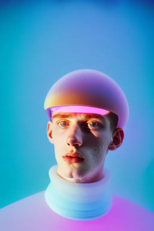 Image similar to high quality pastel coloured film mid angle portrait photograph of a beautiful young 2 0 year old male, soft features, short hair, perspex space visor and oversized inflated clothing!!!! icelandic black! rock pool environment. atmospheric three point light. photographic. art directed. ( pastel colours ). volumetric. clearcoat. waves. 8 k. filmic.