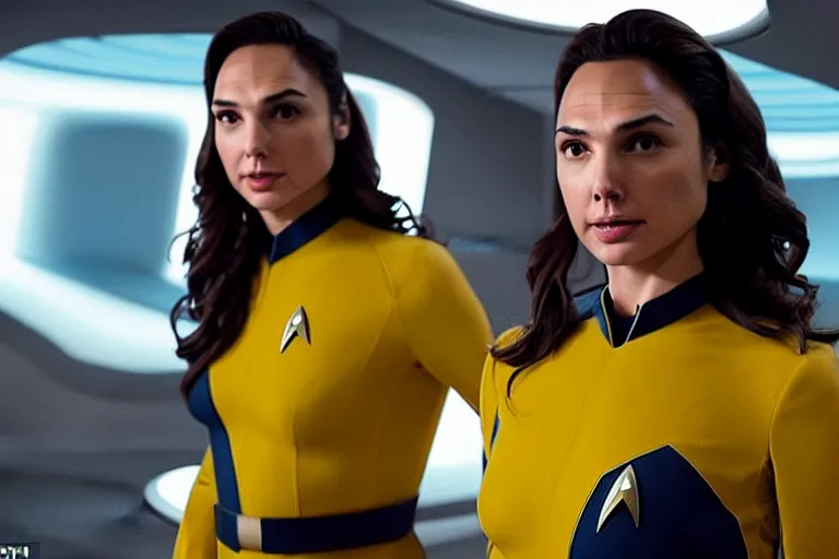 Image similar to Gal Gadot, wearing a yellow uniform, is the captain of the starship Enterprise in the new Star Trek movie