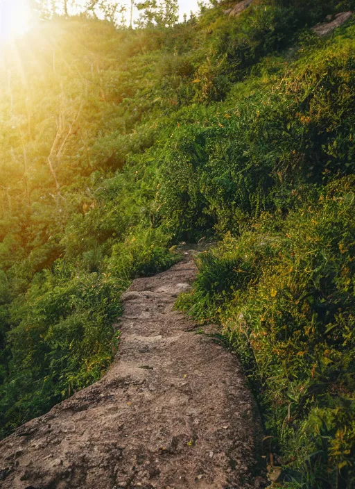 Image similar to a 2 8 mm macro photo of a winding hiking trail in the mountains, fluffy clouds at sunset, lush greenery, splash art, movie still, bokeh, canon 5 0 mm, cinematic lighting, dramatic, film, photography, golden hour, depth of field, award - winning, anamorphic lens flare, 8 k, hyper detailed, 3 5 mm film grain, hazy