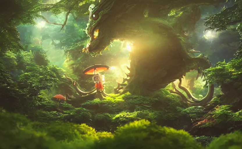 Image similar to a still of a cute adorable tiny astronaut, on a planet of lush foliage, with an enormous kaiju dragon surrounding, magical forest, sharp focus, neon backlit, highly detailed, disney pixar studio ghibli makoto shinkai, digital painting, matte, octane render, global illumination, iridescent, anime, 8 k concept art