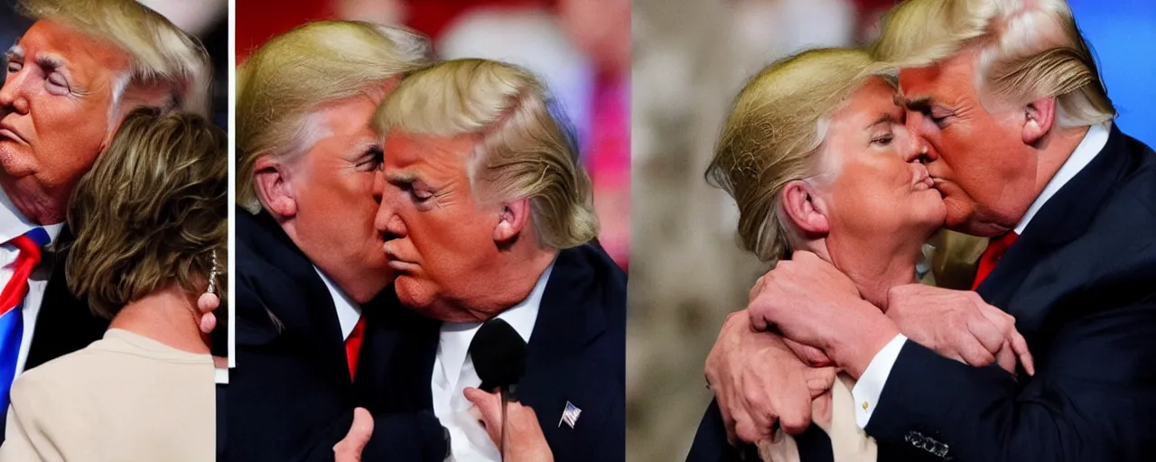 Image similar to AP PHOTO Donald trump seen kissing Hillary Clinton. They are both hiding