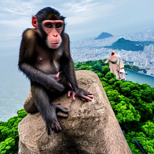 Image similar to high quality portrait of a monkey in front of Christ The Redeemer, studio photograph, photograph, realistic photo, 8k photo, 4k photo, stock photo, high resolution, cinematic shot, high detail