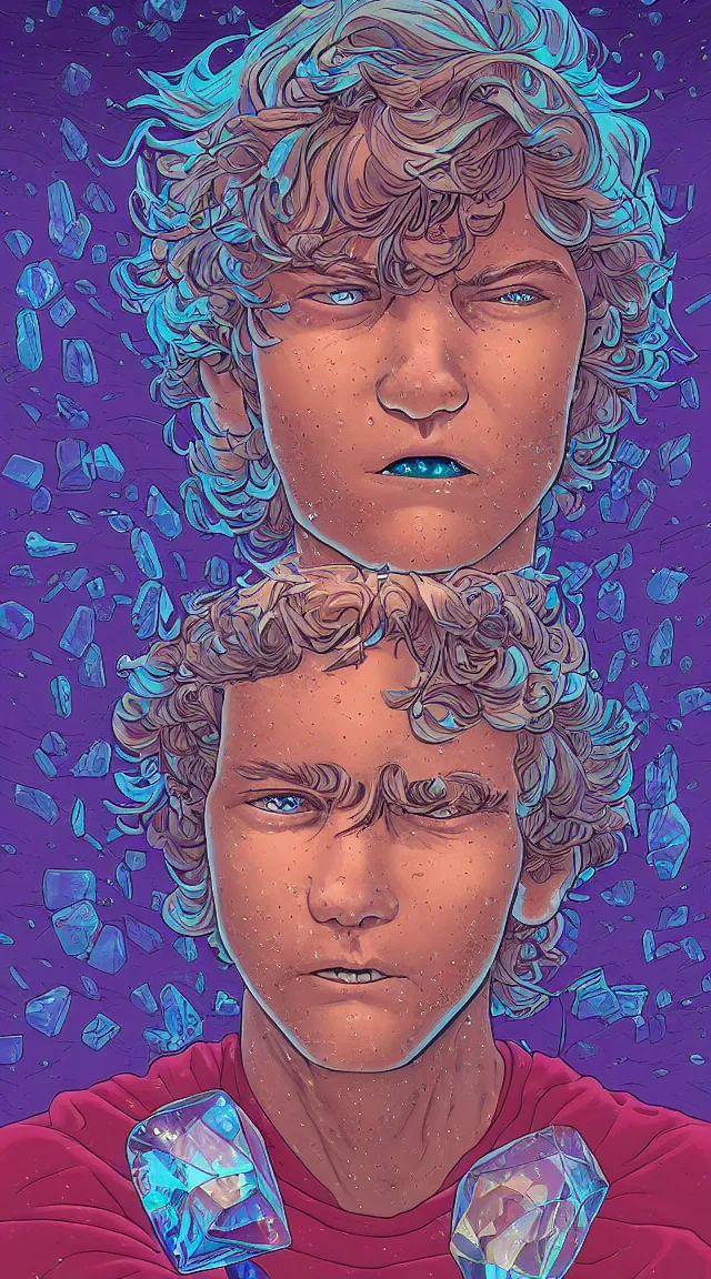 Image similar to Crystal boy by Dan Mumford and Jim Burns, boy with crystals growing in his face