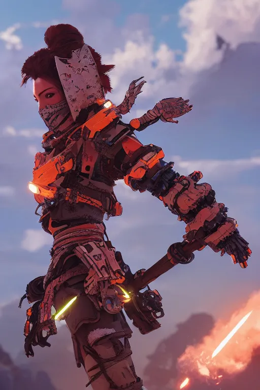 Image similar to combination suit armor aloy horizon forbidden west horizon zero dawn robot ninja mask helmet backpack tribal, aesthetic octane render, 8 k hd resolution, by ilya kuvshinov and cushart krentz and gilleard james radiating a glowing aura cgi rtx 2 0 2 2