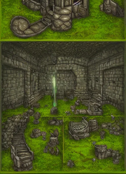 Prompt: An ancient forgotten dungeon, moss, torches, hallway, detailed, art
