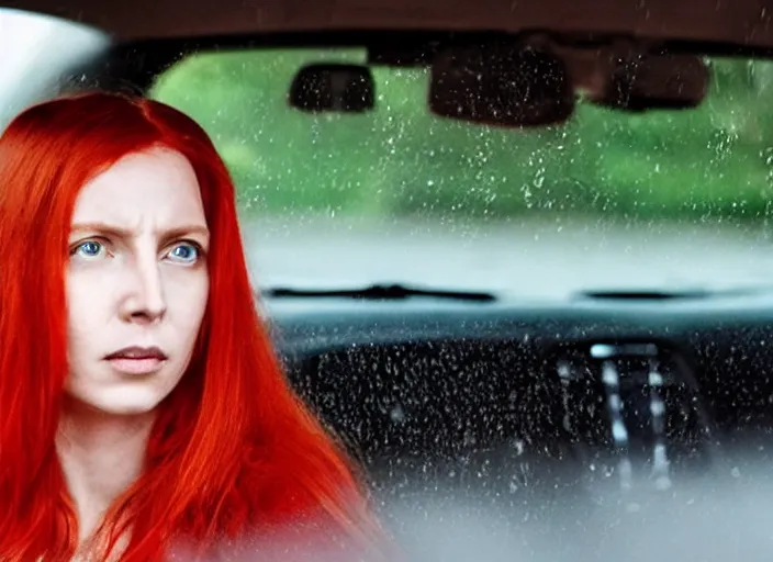 Image similar to A very high resolution image from a new movie, inside of a car, red hair woman, raining, hot, directed by wes anderson