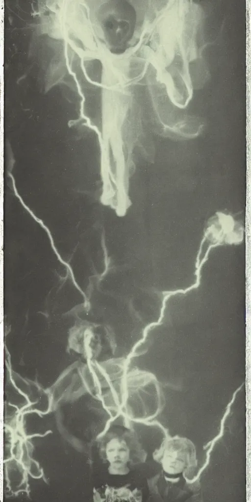 Image similar to spirit photography with glowing bulbous ectoplasm, scary shadow people, sleep paralysis demon, plasma lightning bolts, 1 9 0 0 s, slimer, mourning family, invoke fear and dread, old photograph, daguerreotype