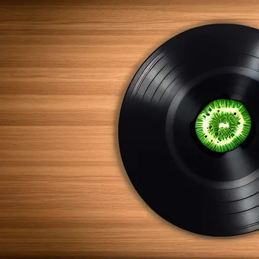 Prompt: vinyl turntable vinyl record in shape of huge round kiwi fruit, 4 k, unreal render, blender guru