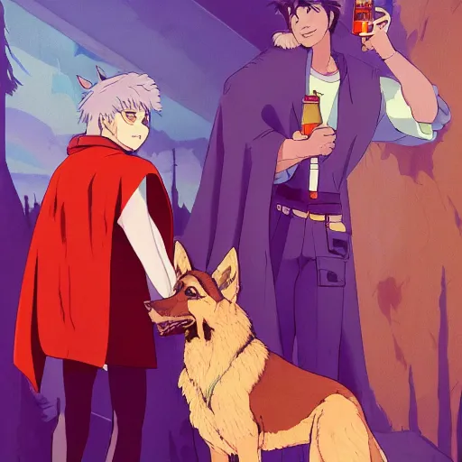 Image similar to a two german shepherds beast - men, holding a mug of beer, a lot of pockets, fur cape, tavern background, magical, bright, colorful, fantastic lighting, amazing details, 4 k uhd, illustration by hayao miyazaki and makoto shinkai and ilya kuvshinov, artstation, pixiv,