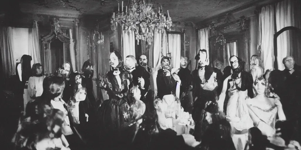 Prompt: creepy photo of people at a fancy party standing around a small black stone in a large Victorian apartment, 70mm film, old film, found film, scary, ominous, disturbing