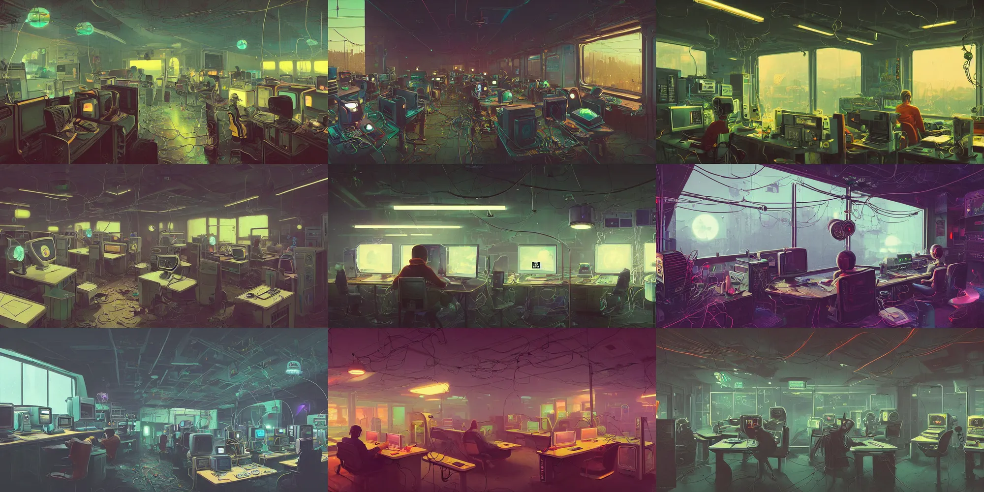 Prompt: internet cafe, retrofuturism, cluttered, wires everywhere, computer, window, at night, lit only by the luminescent computer screen, dramatic lighting, alien technology, detailed by simon stalenhag