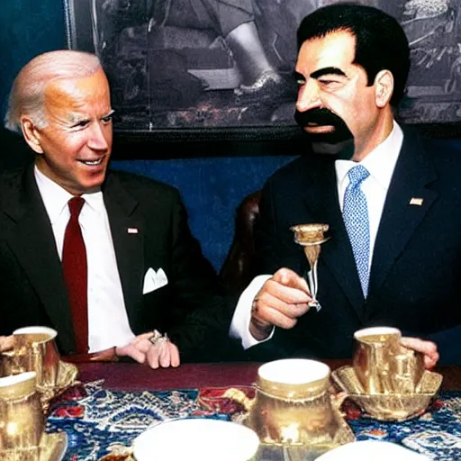 Prompt: joe biden sitting with saddam hussein they are both drinking tea photorealistic professional photograph