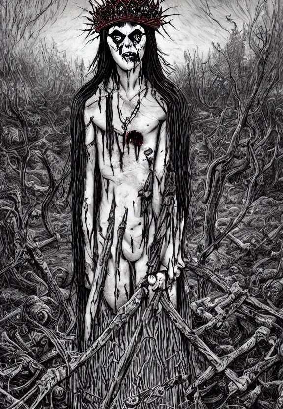 Image similar to man wearing corpse paint and a crown on thorns with long black hair, holding a knife, tears of blood. Wide shot at night. Detailed artwork by Junji Ito and dan Mumford